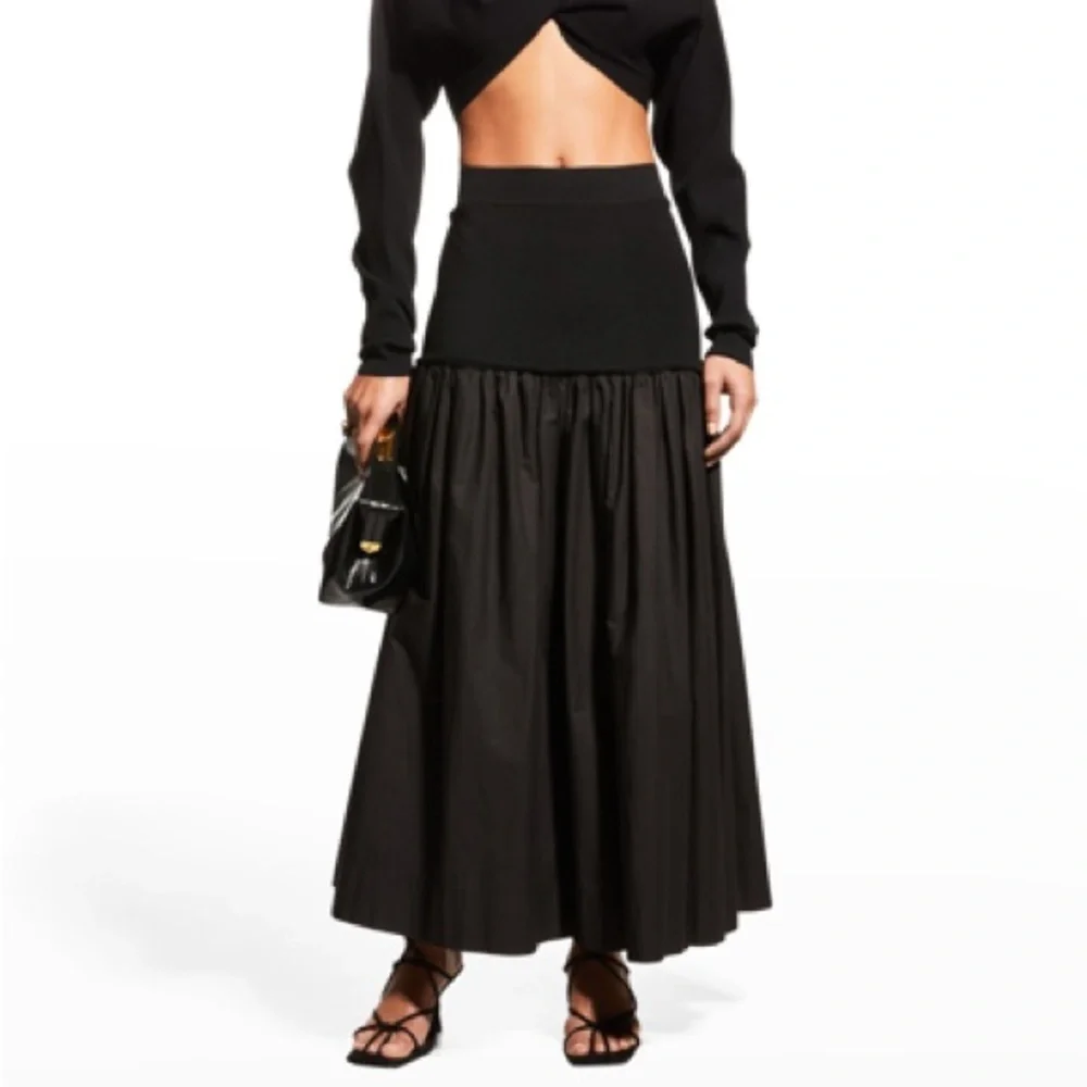 A.L.C. Marlowe Mixed Media Midi Skirt Black Poplin Cotton Stretch Drop Waist XS